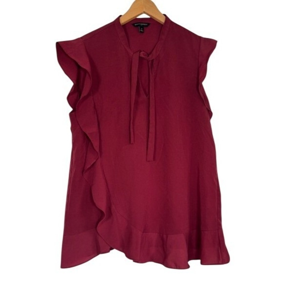Banana Republic Womens Burgundy Ruffle Tie Neck Sleeveless Blouse Top - M
